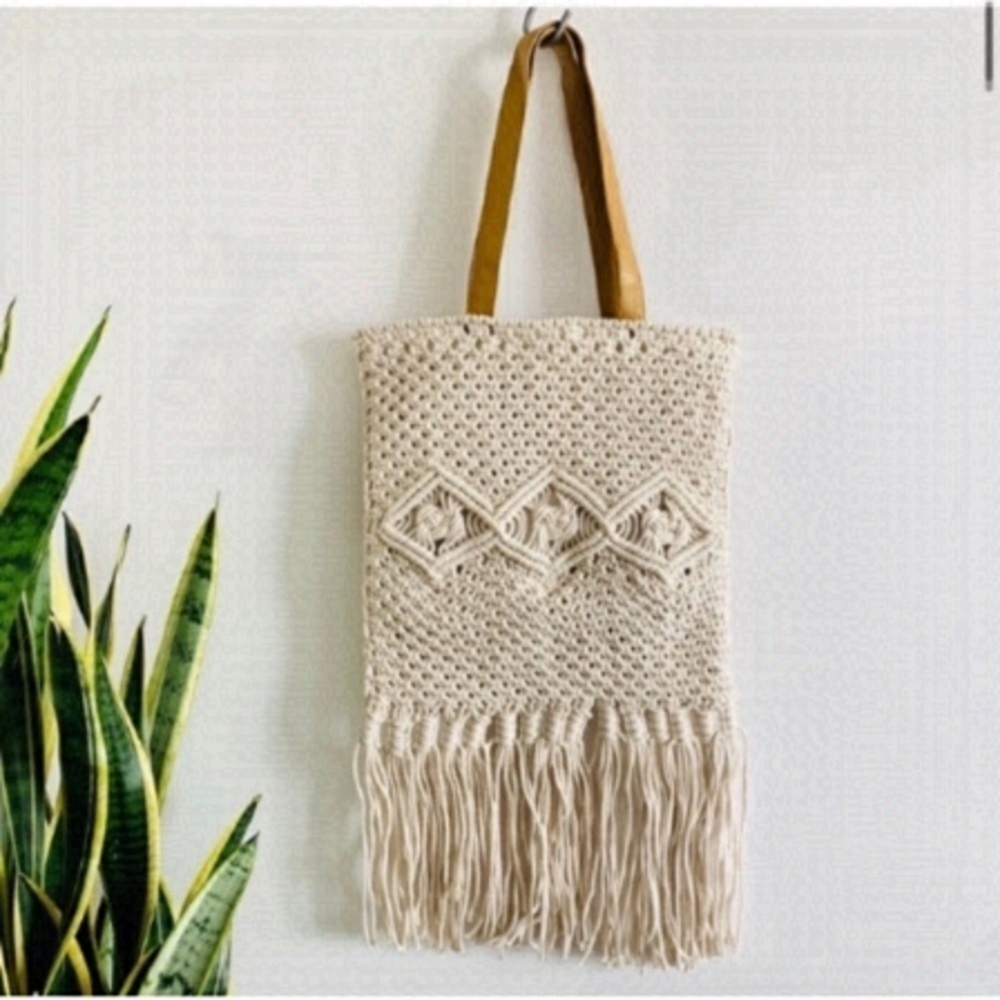 NEW Boho Chic Macrame Woven Shoulder Fringe Shopper Tote Bag